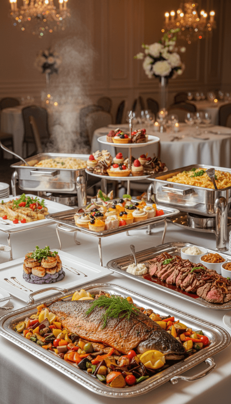 Mise en place of an elegant buffet spread prepared for a private dinner event