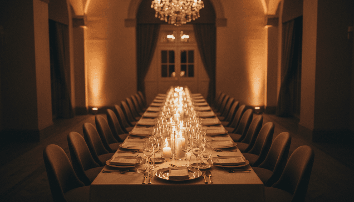 Elegantly set banquet table with candlelight awaiting guests