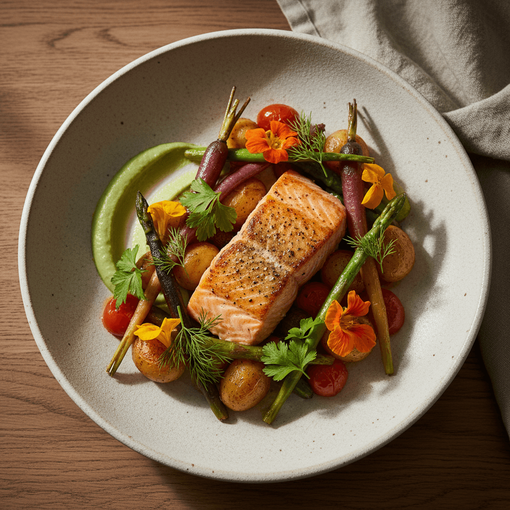 Elegantly plated gourmet dish on a fine ceramic plate at a catered table setting