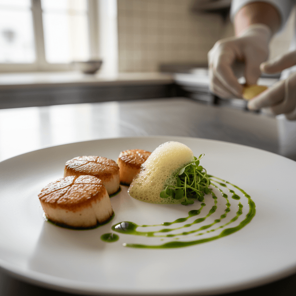 Seared scallops with saffron emulsion