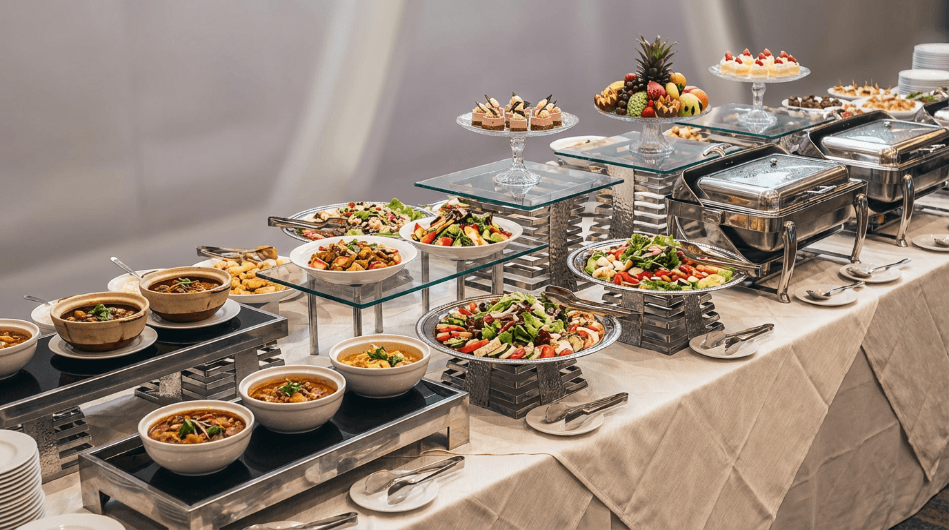 Elegant corporate buffet spread with appetizers