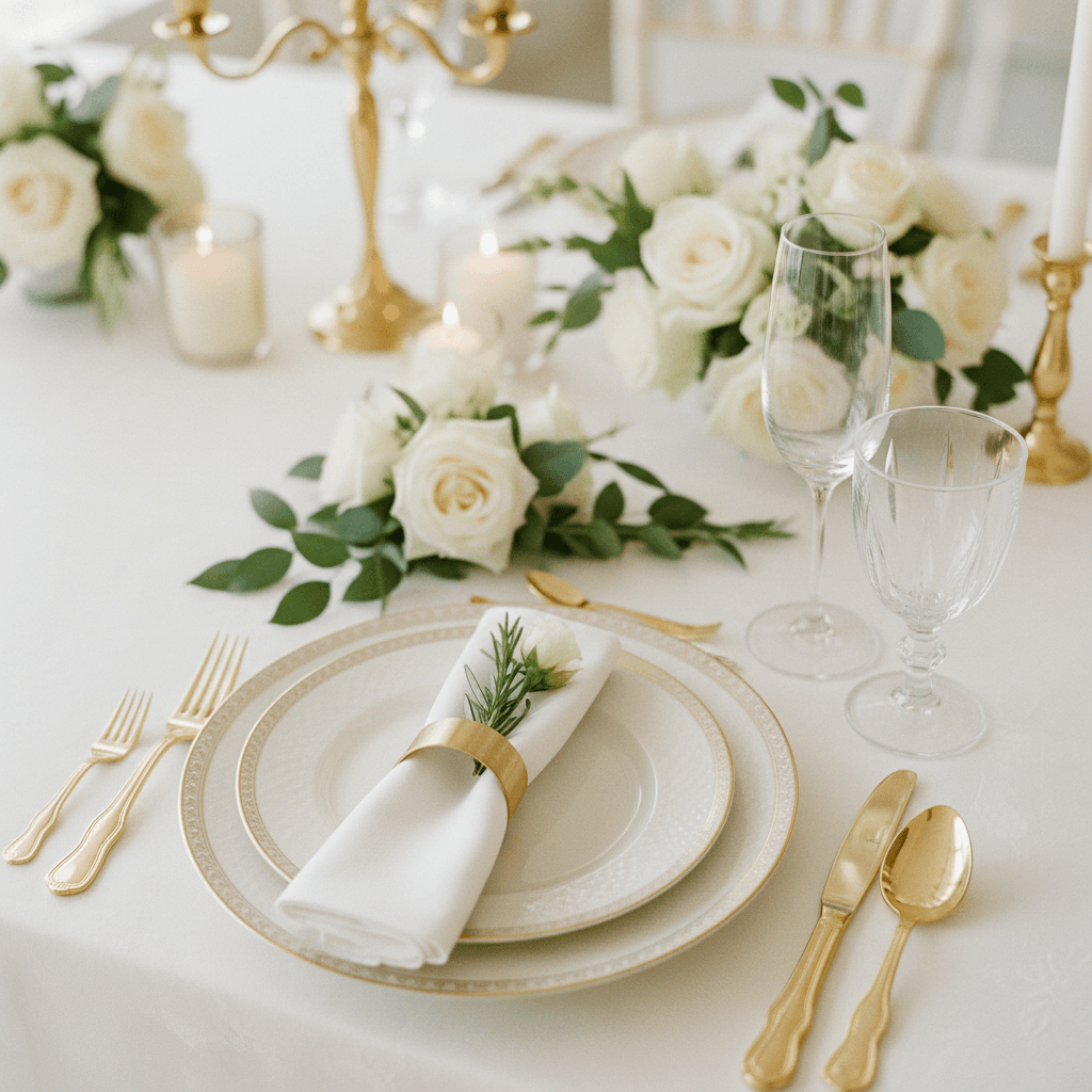Refined table setting at a catered event with warm candlelight