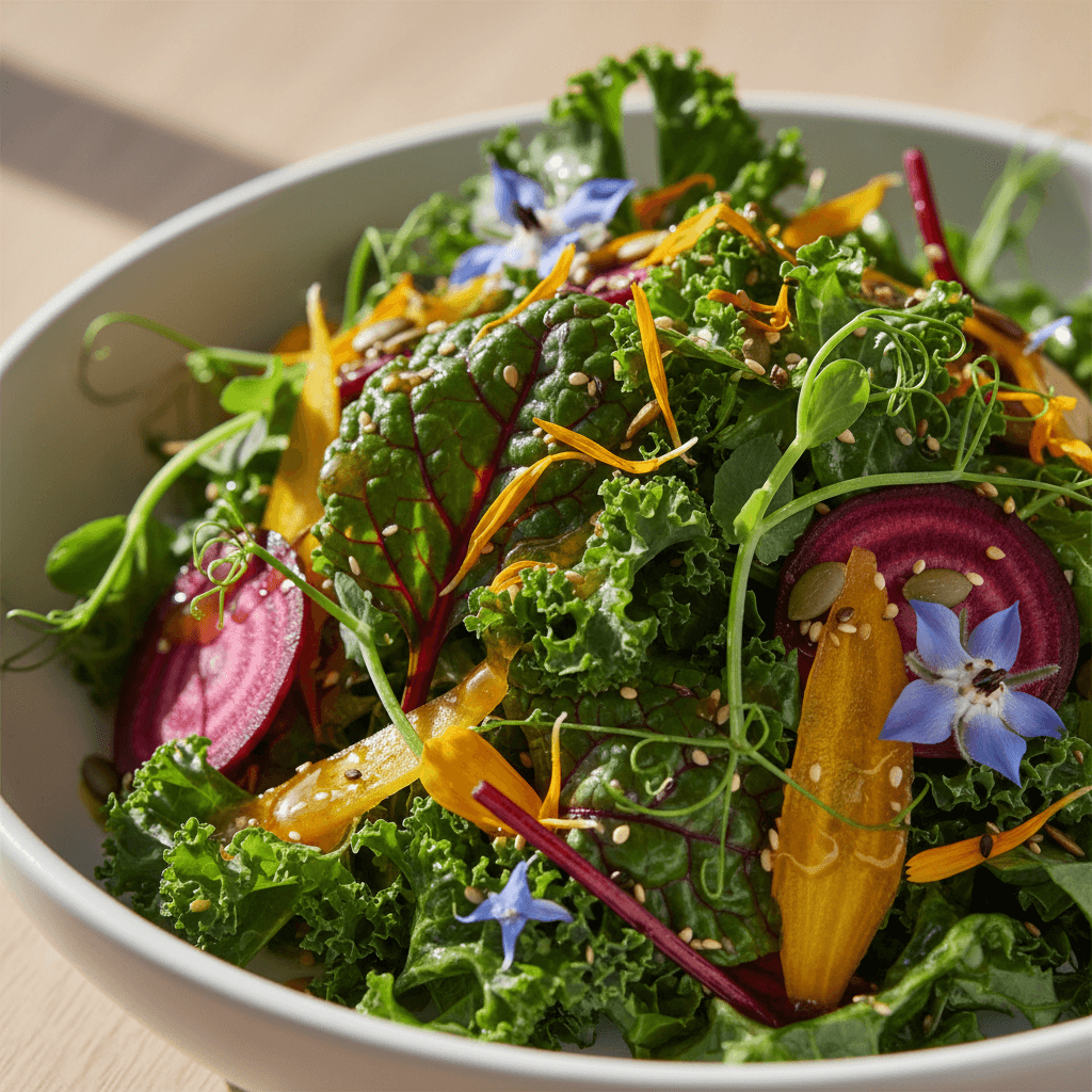 Server placing plated salad on guest table
