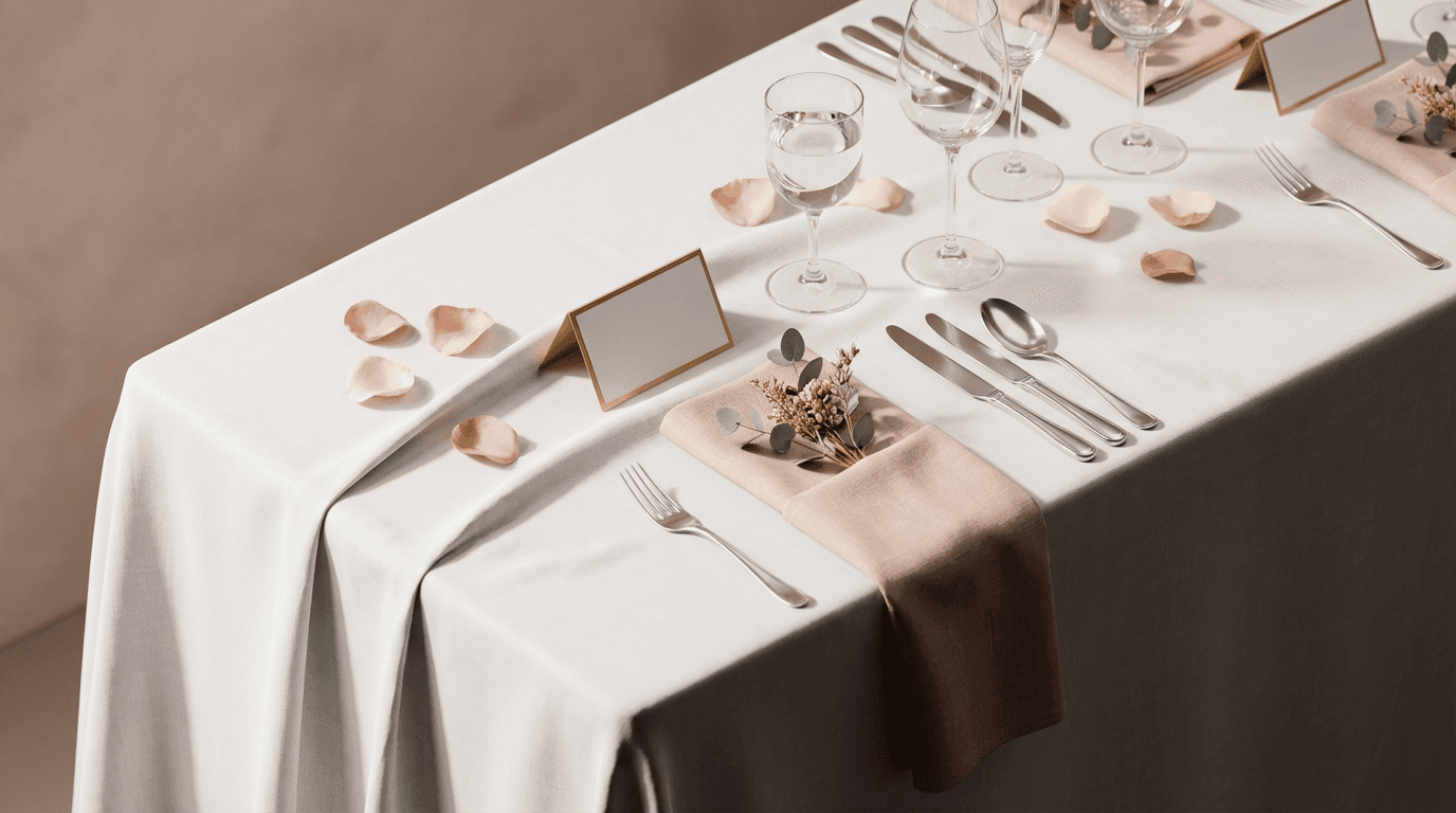 Overhead view of a wedding banquet table with cream linens and blush floral centerpieces