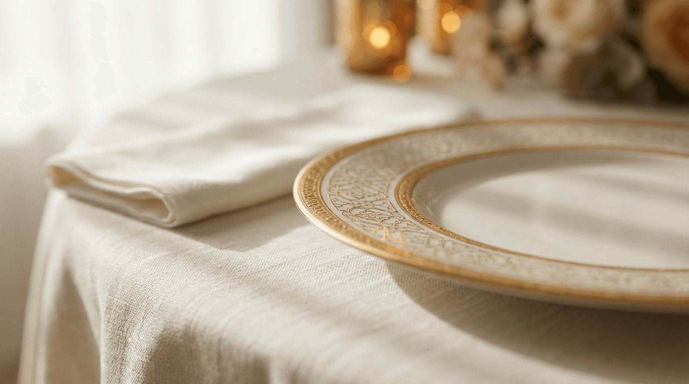 Elegant banquet table set with plated dishes and candlelight in a warm dining room