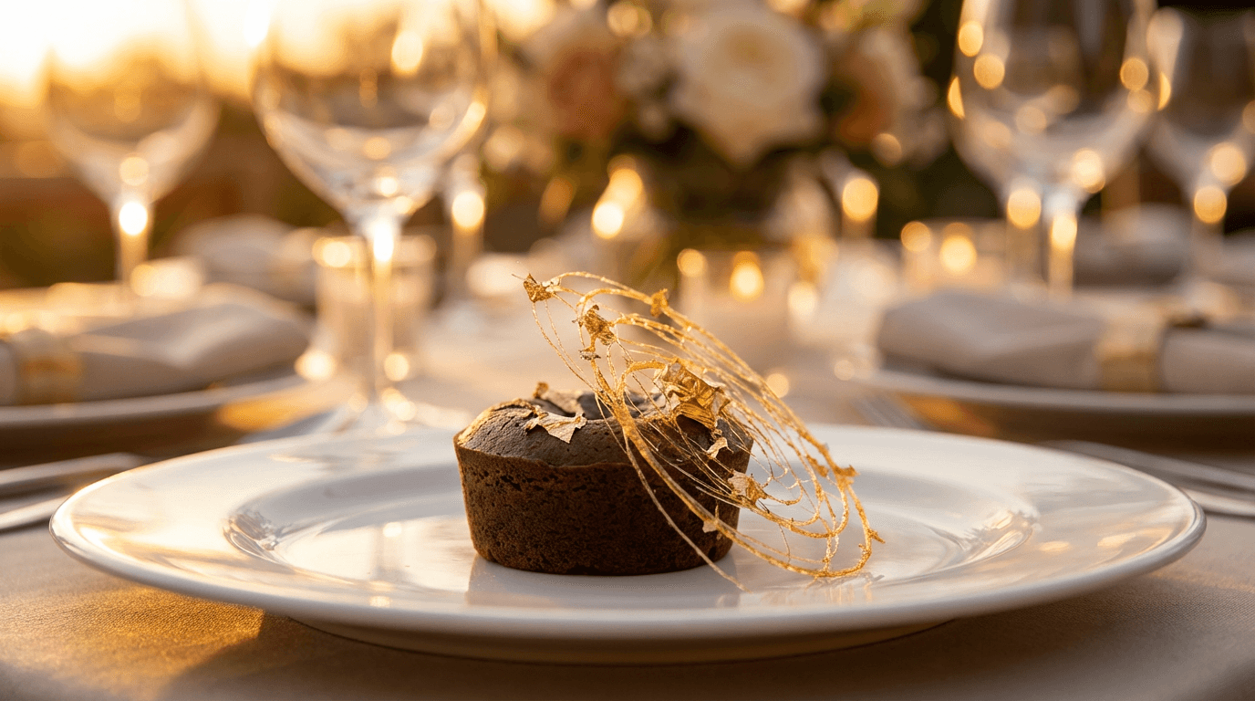 Server placing a plated dessert at an elegant event
