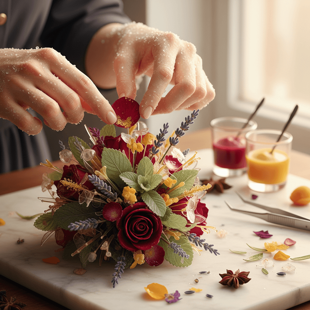 Chef garnishing dessert with edible flowers