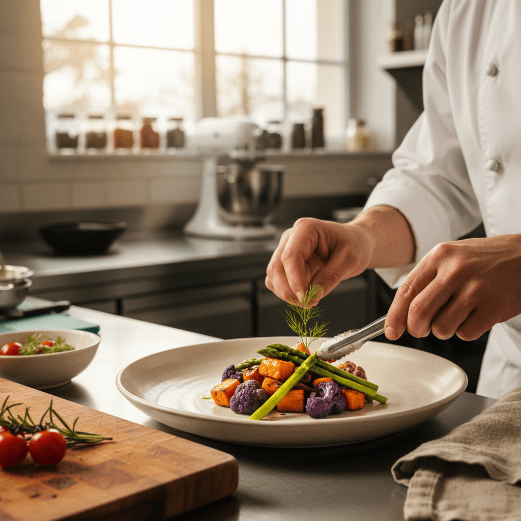 Chef carefully plating a dish with fresh herbs in a sunlit kitchen