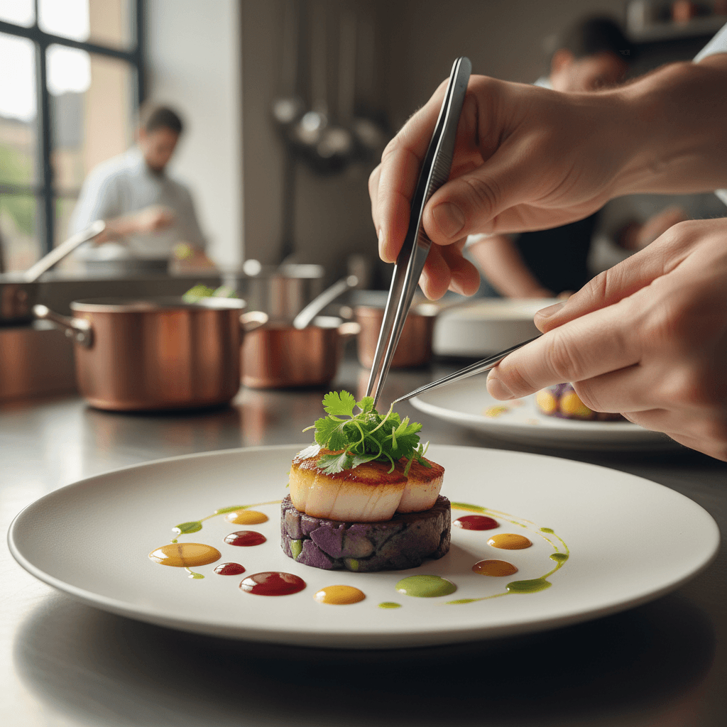 Chef adding final touch to plated dish