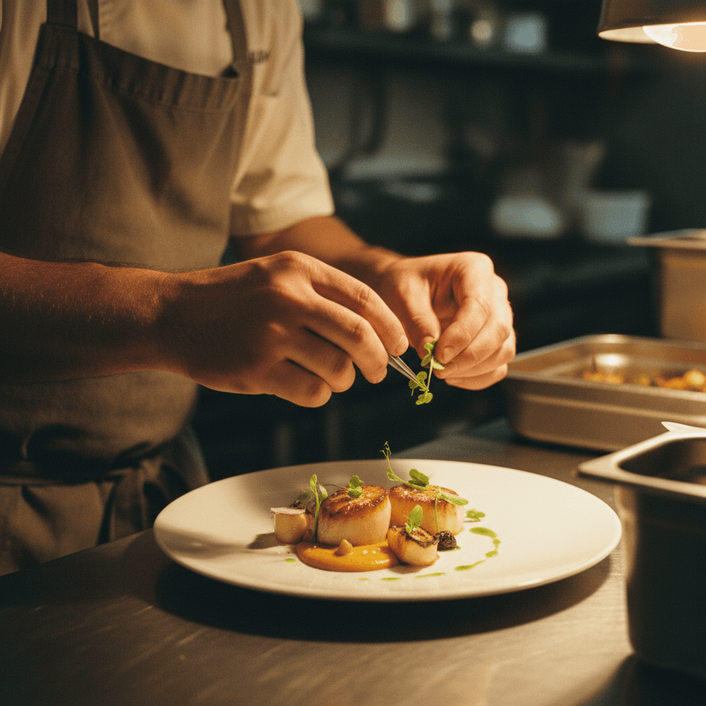 Hands of a chef carefully plating an elegant dish with fresh herbs
